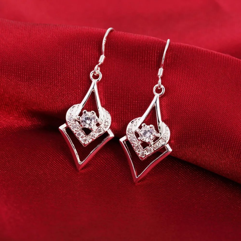 Cute Sterling Silver Small Point & Hear Drop Earrings CZ Stud " Hypoallergenic " - Picture 6 of 8